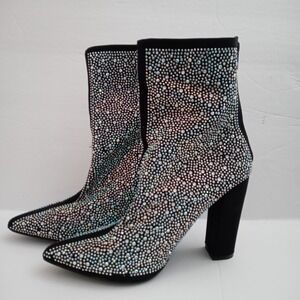 Azalea Wang Rhinestone Embellished Chunky Heel Bootie Marry-Black  Size 7